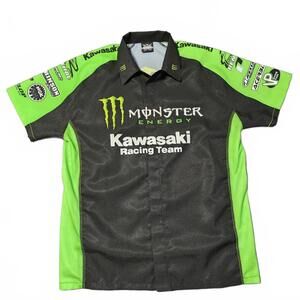 Monster Kawasaki Racing Team Med Pit Shirt Collar Button Short Sleeve Motorcycle